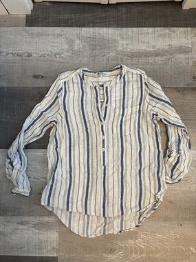 Lucky Brand White and Blue Striped Linen Button Pullover Blouse